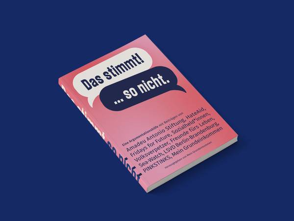 Die Argumentationshilfe „Das stimmt! …so nicht.“ als kleines Buch in der Farbe rosa auf einem blauen Hintergrund.